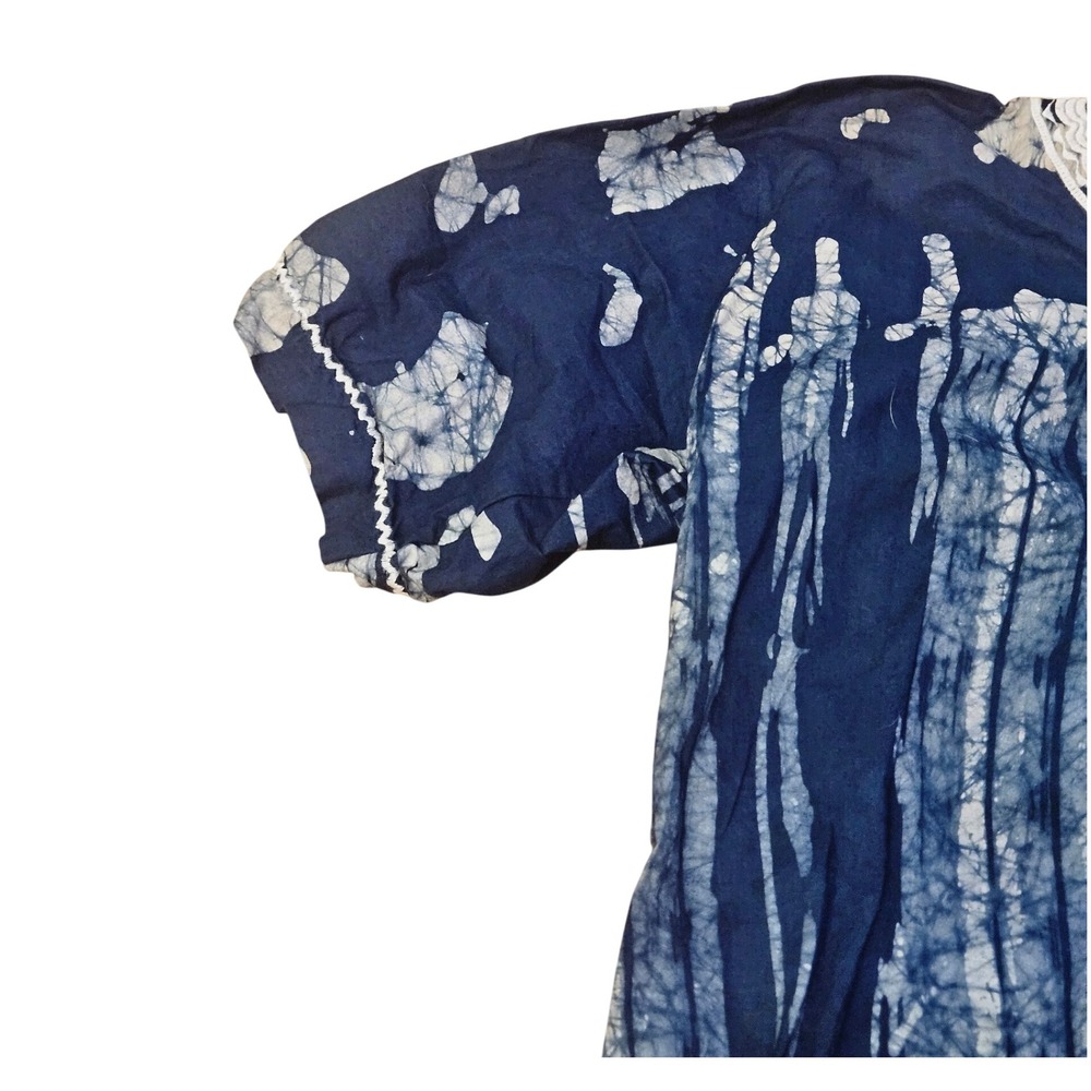 Indigo Batik Dress Lace Boho Short Sleeve Cover-Up | Beach Caftan Tunic - Picture 2 of 4